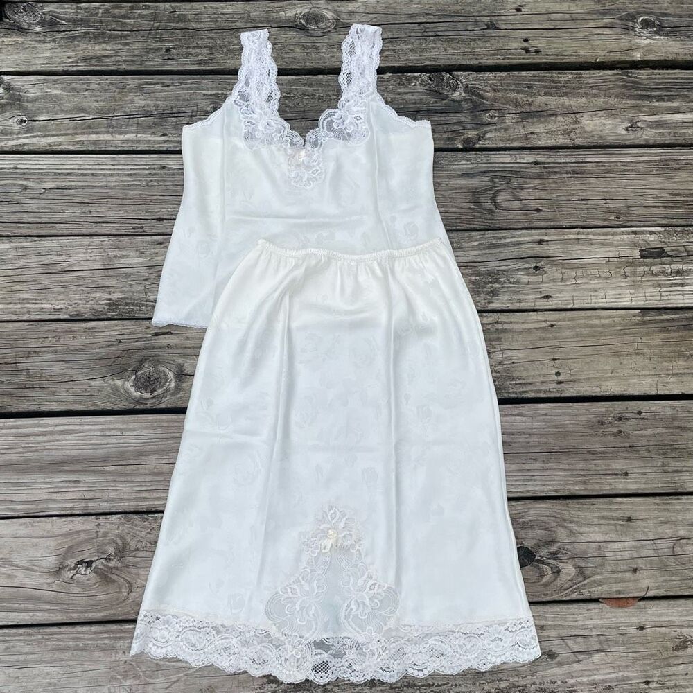 Vintage Christian Dior White Cream Lingerie Floral Rose Tank Blouse & Slip Skirt - Picture 1 of 6